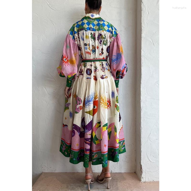 Casual Dresses Vintage Printed Lantern Sleeve A-line Dress For Women Elegant Female Long Holiday Summer Robe