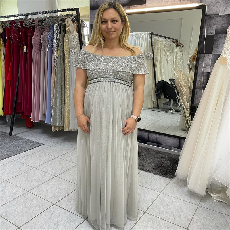 Sparkle Sequin Silver Evening Dress For Pregnant Cape Sleeves Floor Length Formal Prom Dress 2023 Sheath Tulle Birthday Dance Dress Elegant Formal Occ
