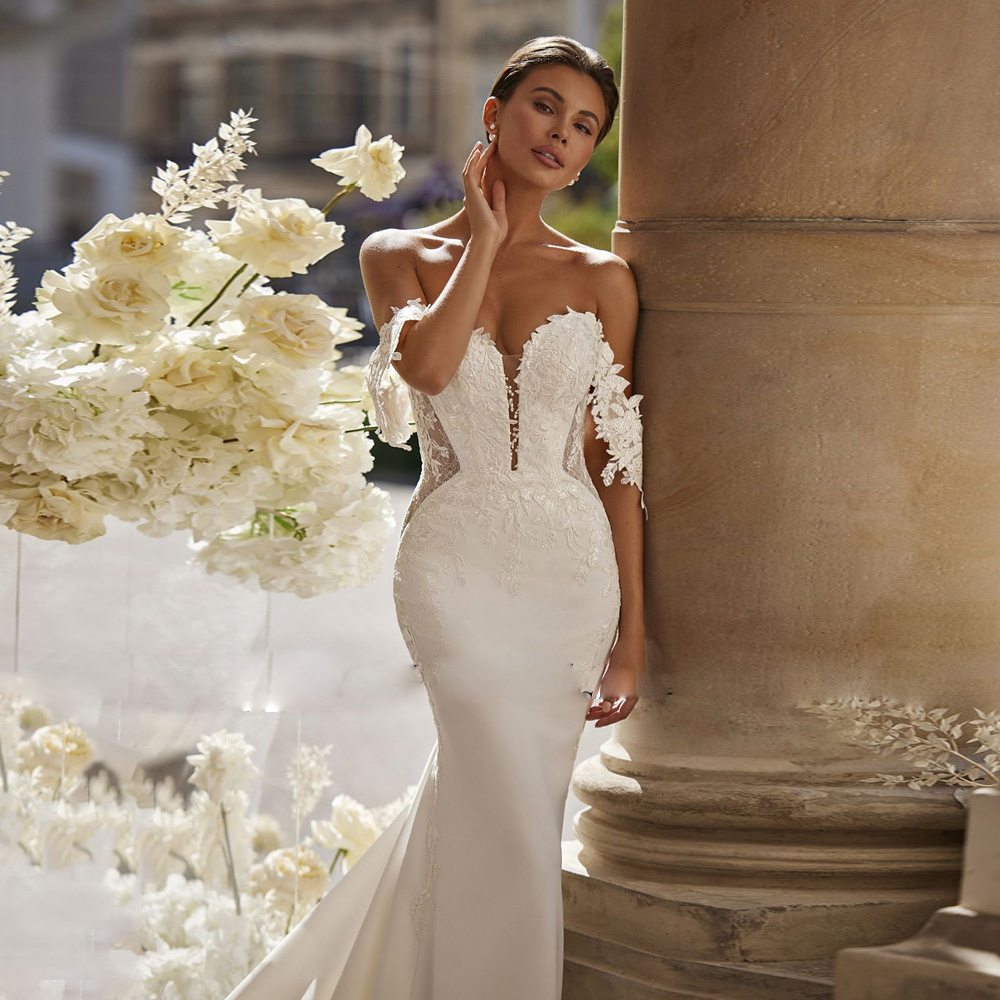 Exquisite Wave Details Train Mermaid Wedding Dresses Off the Shoulder Illusion Lace Applique Bridal Gown Cutaway Side Vestido Novia Mariage
