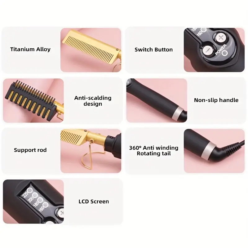 Professional Electric Hot Comb for Straightening and Curling - Heat Ceramic Press Comb with Multifunctional Dual-Purpose Design