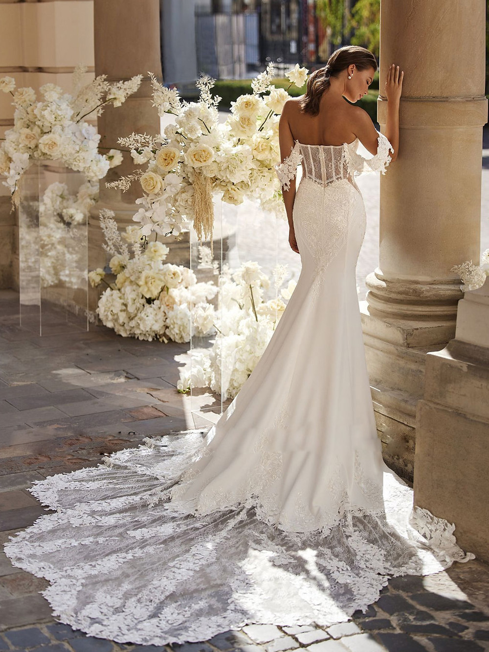 Exquisite Wave Details Train Mermaid Wedding Dresses Off the Shoulder Illusion Lace Applique Bridal Gown Cutaway Side Vestido Novia Mariage