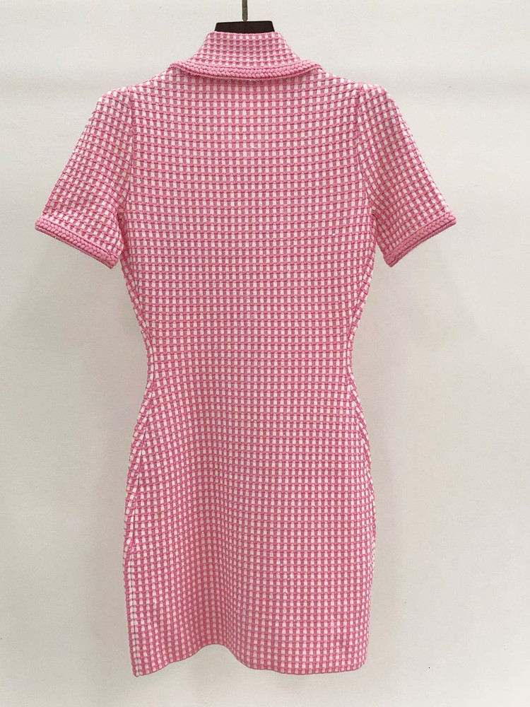 Basic Casual Dresses TurnDown Collar Plaid Knitwear Robe Slim Sweet Single Breasted Female Short Sleeve Buttons Mini Dress 230817