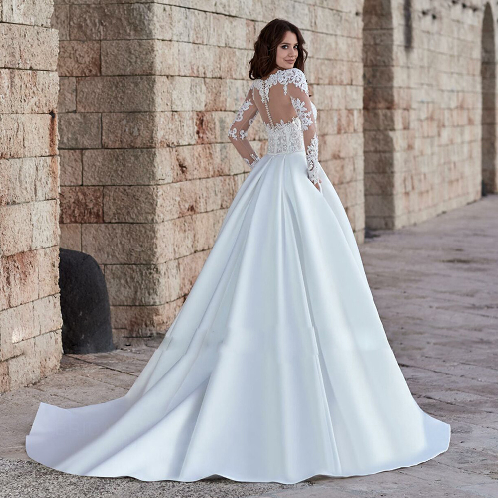 Beading Dress Illusion Long Sleeves Appliques Satin Bridal A Line Robe Mariage Wedding Gown For Bride 415
