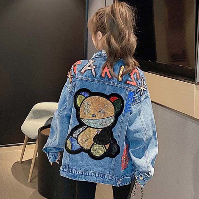 Women's Jackets Spring and Autumn Bear Diamonds Denim Jackets for Women Pearl Letter Jean Coats and Jackets Oversize Streetwear Woman 230817