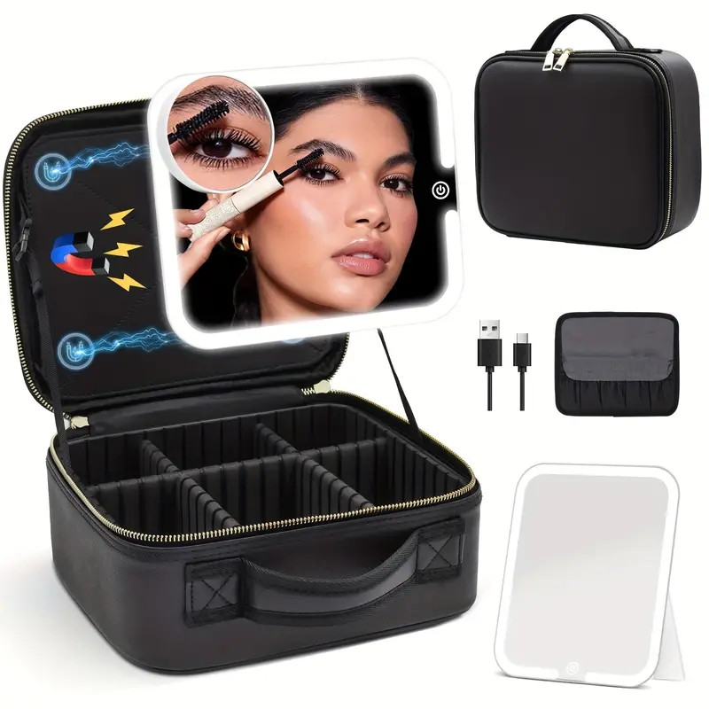 Makeup Bag With Magnetic Detachable Lighted Mirror, Travel Makeup Bag, Cosmetic Bag Tools Accessories