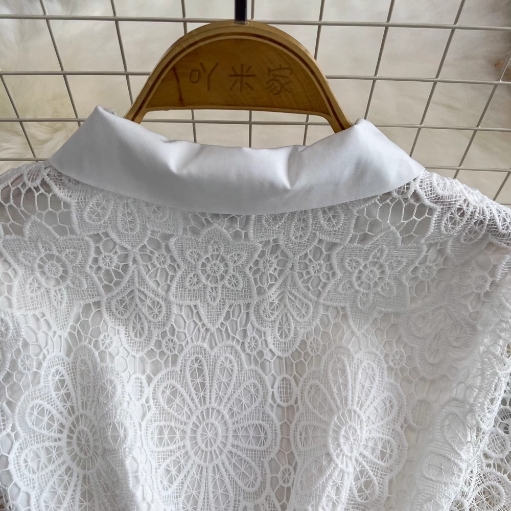 Basic Casual Dresses Summer Elegant Crochet Lace Patchwork Chiffon Pleated Dress Womens Short Sleeve Hollow Out Flower Buttons Belt Runway Vest