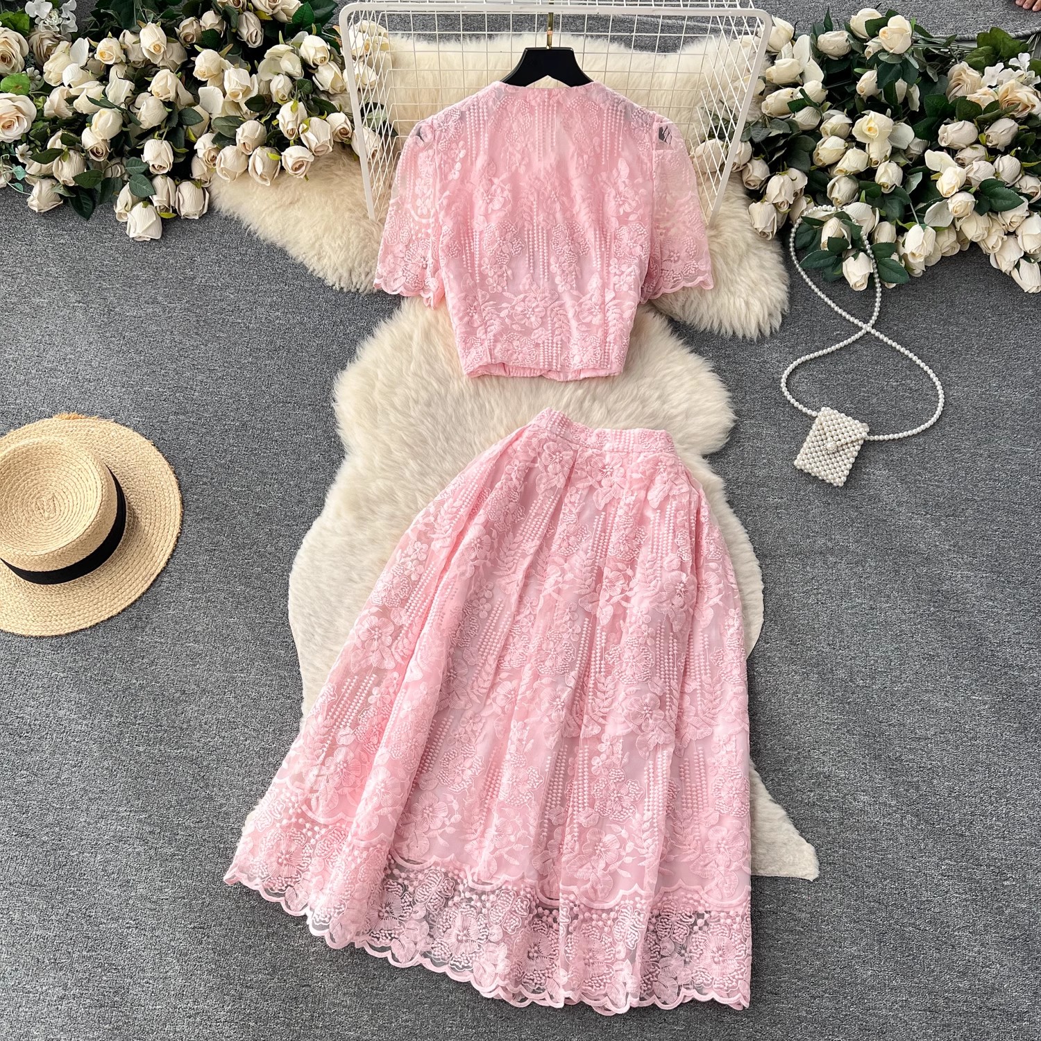 Two Piece Dress Small Fragrant Embroidery Flower Two Piece Set Women Short Sleeve Pearls Buttons Pocket Lace Mesh Crop Top Midi Skirts Suit 2024