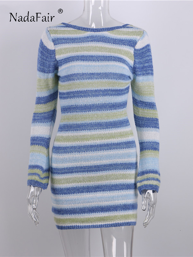 Basic Casual Nadafair Tie Dye Mini Knitted Sweater Dress Women Long Sleeve Autumn Spring Outfits Sexy Backless Beach Bodycon Dresses 230815