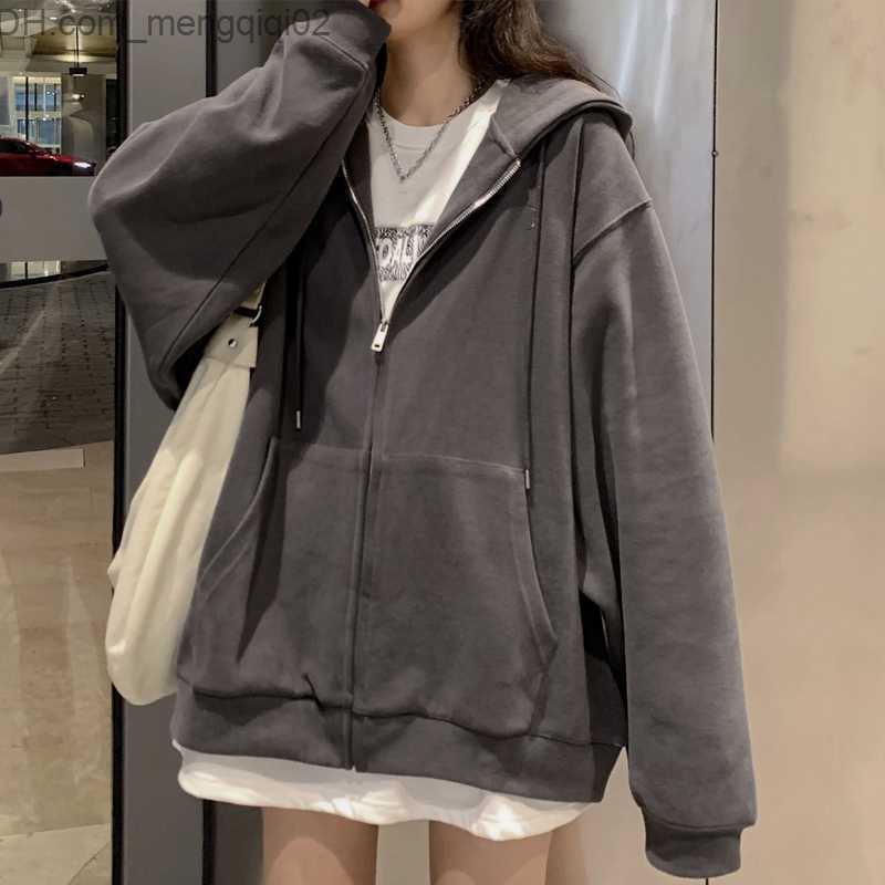 Men's Hoodies Sweatshirts Harajuku Korean Hoodie Autumn Solid Color Zipper Oversized Sweater Fashion Long Sleeve Pocket Hooded Coat Jacket Z23081