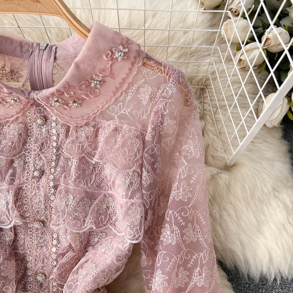 Basic Casual Dresses High Quality Gorgeous Flower Embroidery Dress Women Autumn Long Sleeve Beading Layer Cake Sweet Girls Cascading Ruffles Vestido