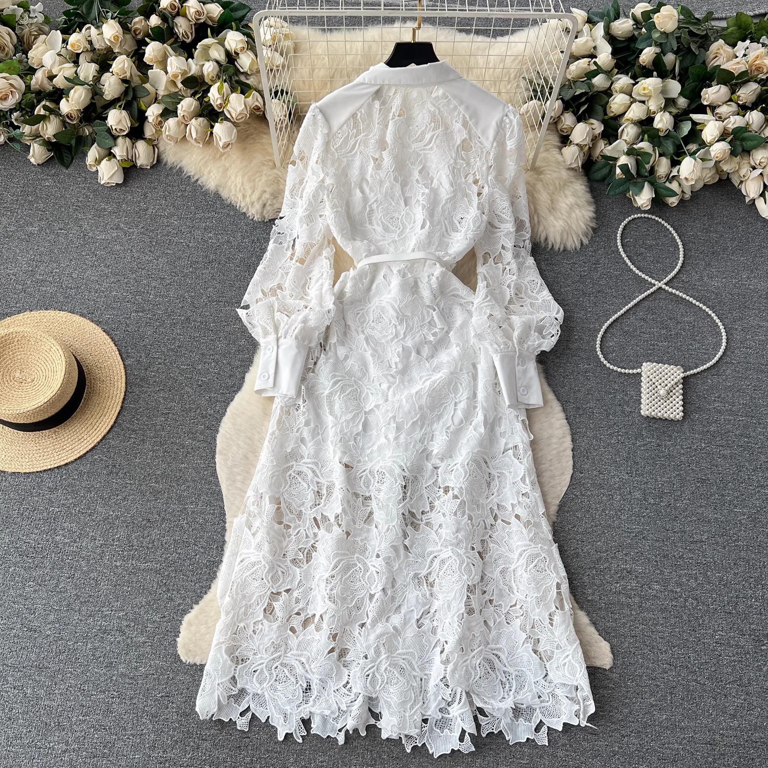 Basic Casual Dresses Summer Elegant White Water Soluble Lace Embroidery Dress Women Long Sleeve Hollow Out Single Breasted Belt Party Vestidos 2025