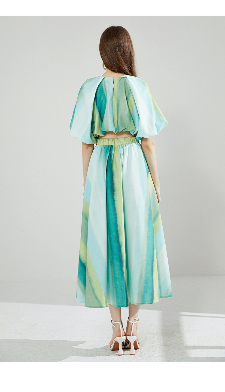 Two Piece Dress Summer Holiday Colorful Gradient Striped Two Piece Set Women Short Puff Sleeve Top Elastic Waist Woven Cotton Maxi Skirts Suit 2024