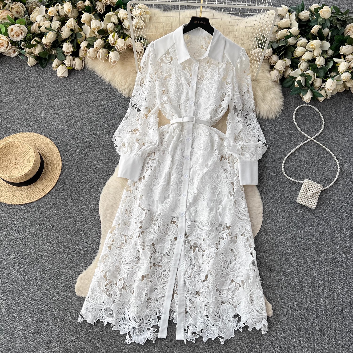 Basic Casual Dresses Summer Elegant White Water Soluble Lace Embroidery Dress Women Long Sleeve Hollow Out Single Breasted Belt Party Vestidos 2025