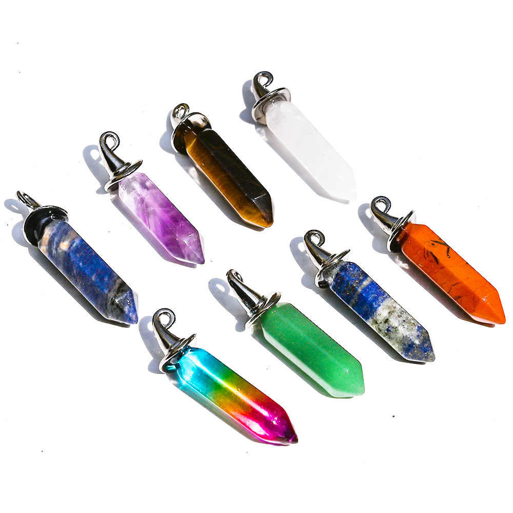 Natural Crystal Stone Hexagon Prism Halloween Hat Pendant Lapis Amethyst Charms Diy Necklaces For Women Men Jewelry
