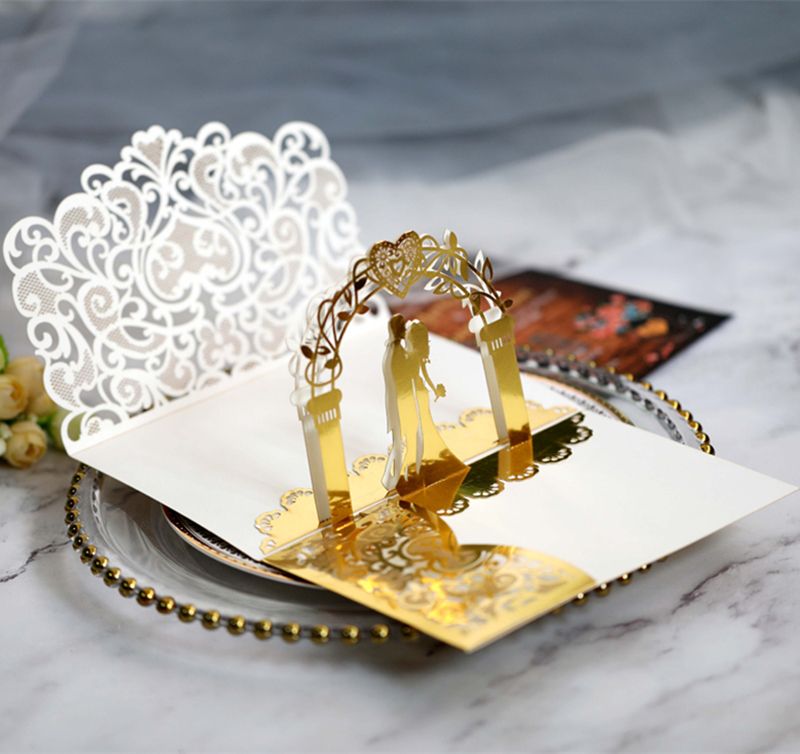 Wedding Invitation Cards Laser Hollow Out Bride And Bridegroom Reflective Gold Invitations For Wedding Engagement By DHL Hot SellingZZ