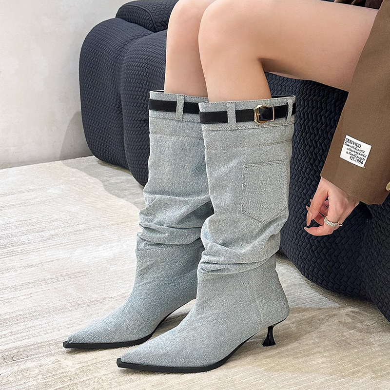 Boots Pleated Denim Thin Heels Long Boot Belt Buckle Knee High Cowboy Woman 2023 Pockets Pointed Toe Jeans Booties Female dh2673044