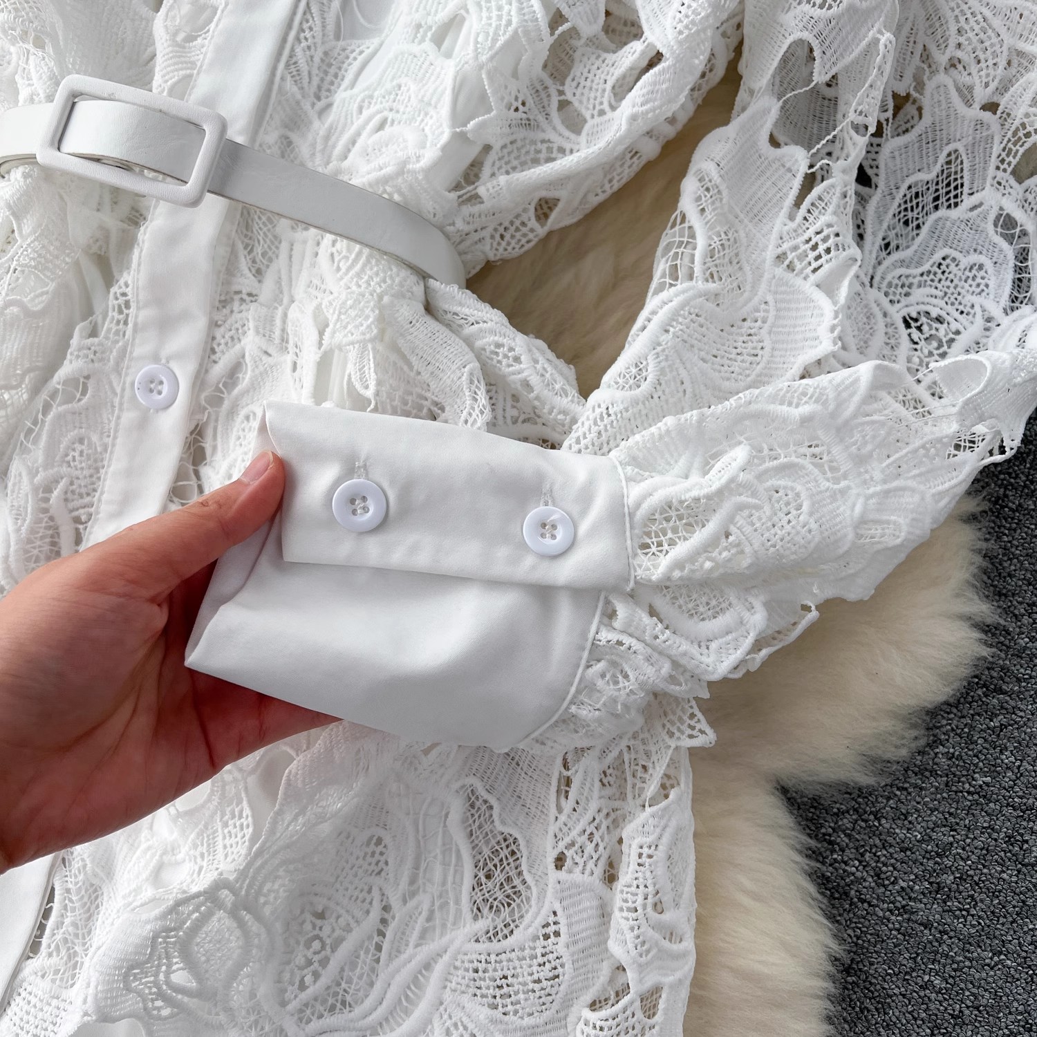 Basic Casual Dresses Summer Elegant White Water Soluble Lace Embroidery Dress Women Long Sleeve Hollow Out Single Breasted Belt Party Vestidos 2025