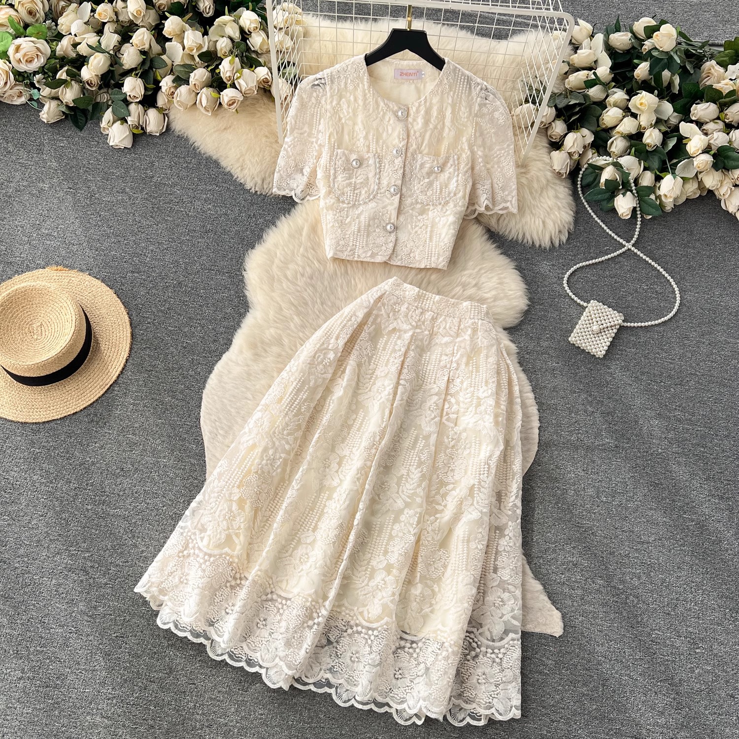 Two Piece Dress Small Fragrant Embroidery Flower Two Piece Set Women Short Sleeve Pearls Buttons Pocket Lace Mesh Crop Top Midi Skirts Suit 2024