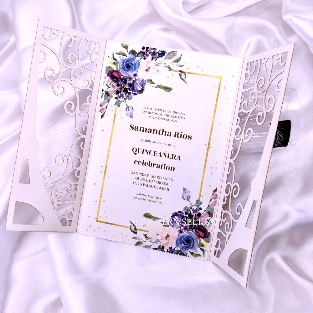 2021 Burgundy Lace Wedding Invitation Inner Sheet with Silver Glitter Bottom And Ribbon EnvelopeZZ