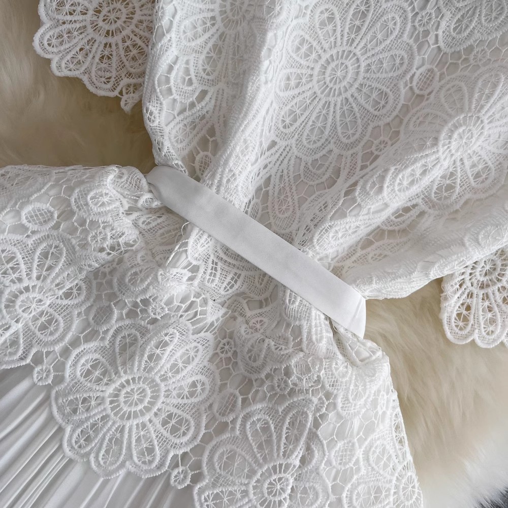 Basic Casual Dresses Summer Elegant Crochet Lace Patchwork Chiffon Pleated Dress Womens Short Sleeve Hollow Out Flower Buttons Belt Runway Vest