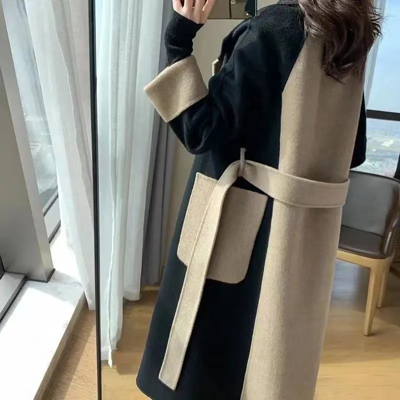Womens Wool Blends Chic Woolen Patchwork Trench Coat for Women Doublebreasted Cardigan Antiwrinkle Lapel Winter High Sense Overcoat Outwear 230818