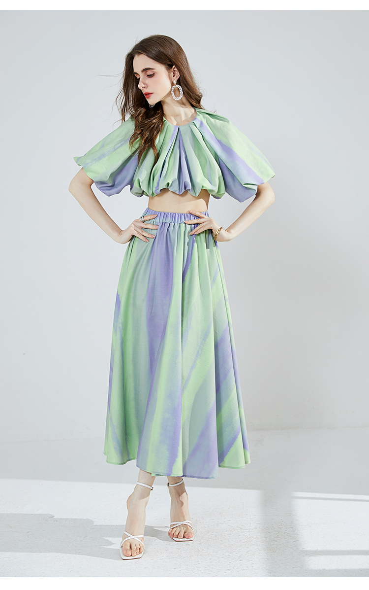 Two Piece Dress Summer Holiday Colorful Gradient Striped Two Piece Set Women Short Puff Sleeve Top Elastic Waist Woven Cotton Maxi Skirts Suit 2024