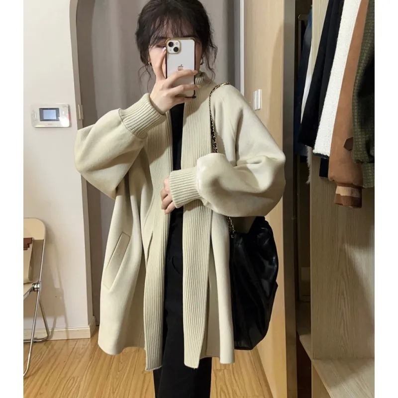 Womens Knits Tees Western style lapel midlength cashmere knit cardigan coat womens autumn and winter lazy loose thick sweater wool 230818