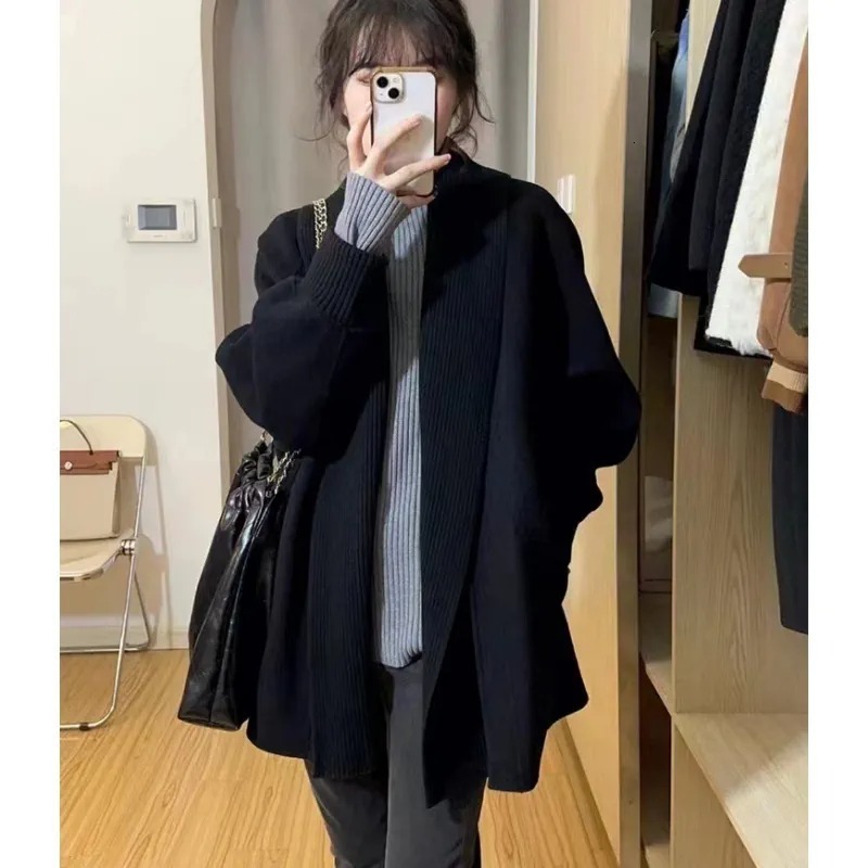 Womens Knits Tees Western style lapel midlength cashmere knit cardigan coat womens autumn and winter lazy loose thick sweater wool 230818