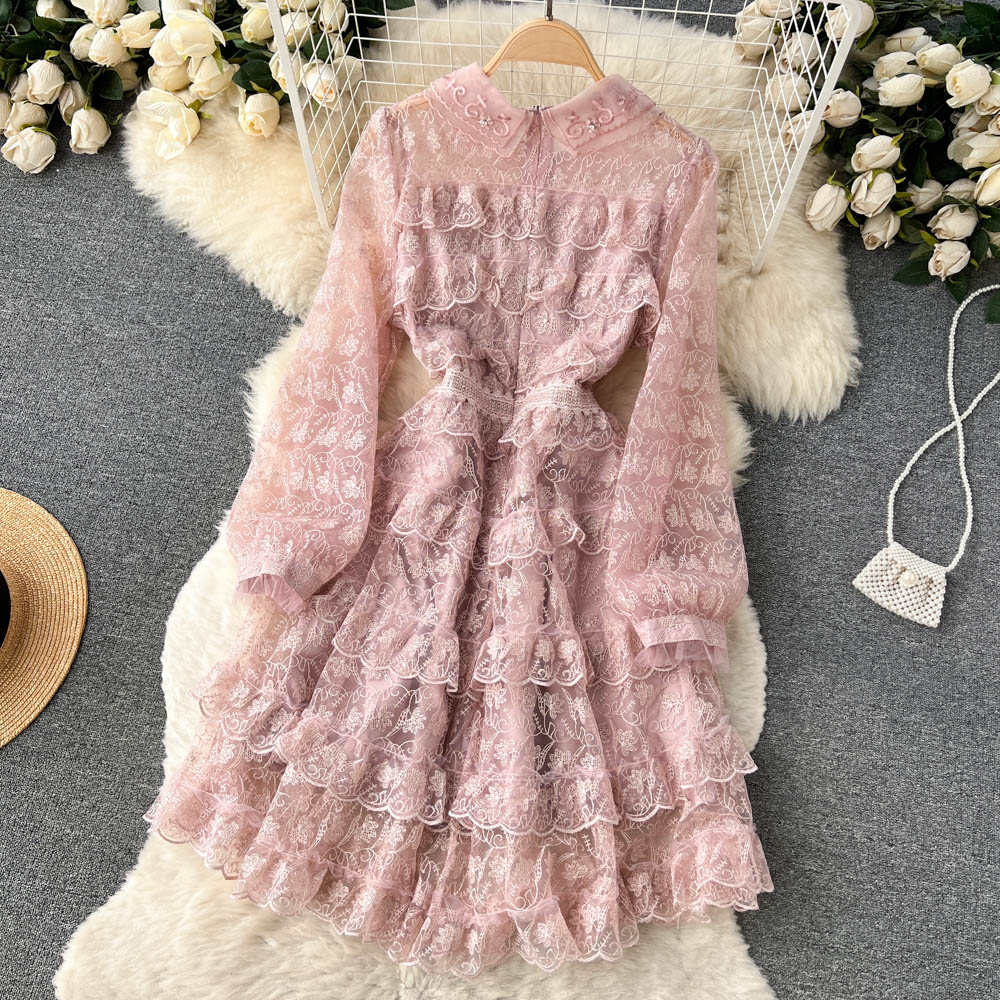 Basic Casual Dresses High Quality Gorgeous Flower Embroidery Dress Women Autumn Long Sleeve Beading Layer Cake Sweet Girls Cascading Ruffles Vestido