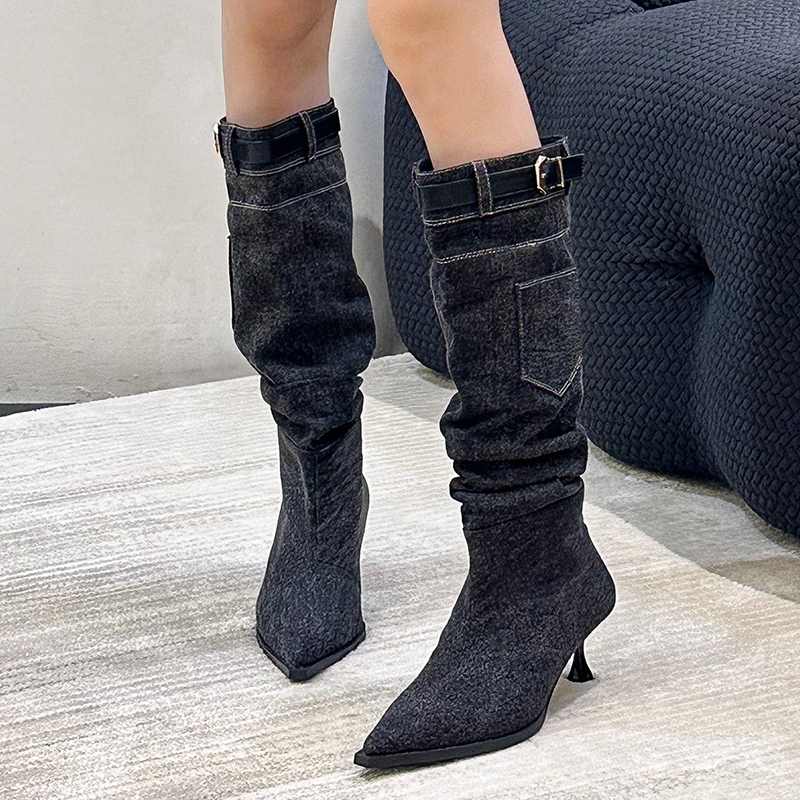 Boots Pleated Denim Thin Heels Long Boot Belt Buckle Knee High Cowboy Woman 2023 Pockets Pointed Toe Jeans Booties Female dh2673044