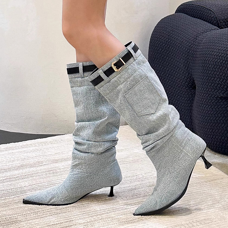 Boots Pleated Denim Thin Heels Long Boot Belt Buckle Knee High Cowboy Woman 2023 Pockets Pointed Toe Jeans Booties Female dh2673044