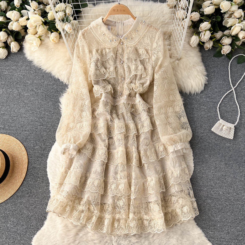 Basic Casual Dresses High Quality Gorgeous Flower Embroidery Dress Women Autumn Long Sleeve Beading Layer Cake Sweet Girls Cascading Ruffles Vestido