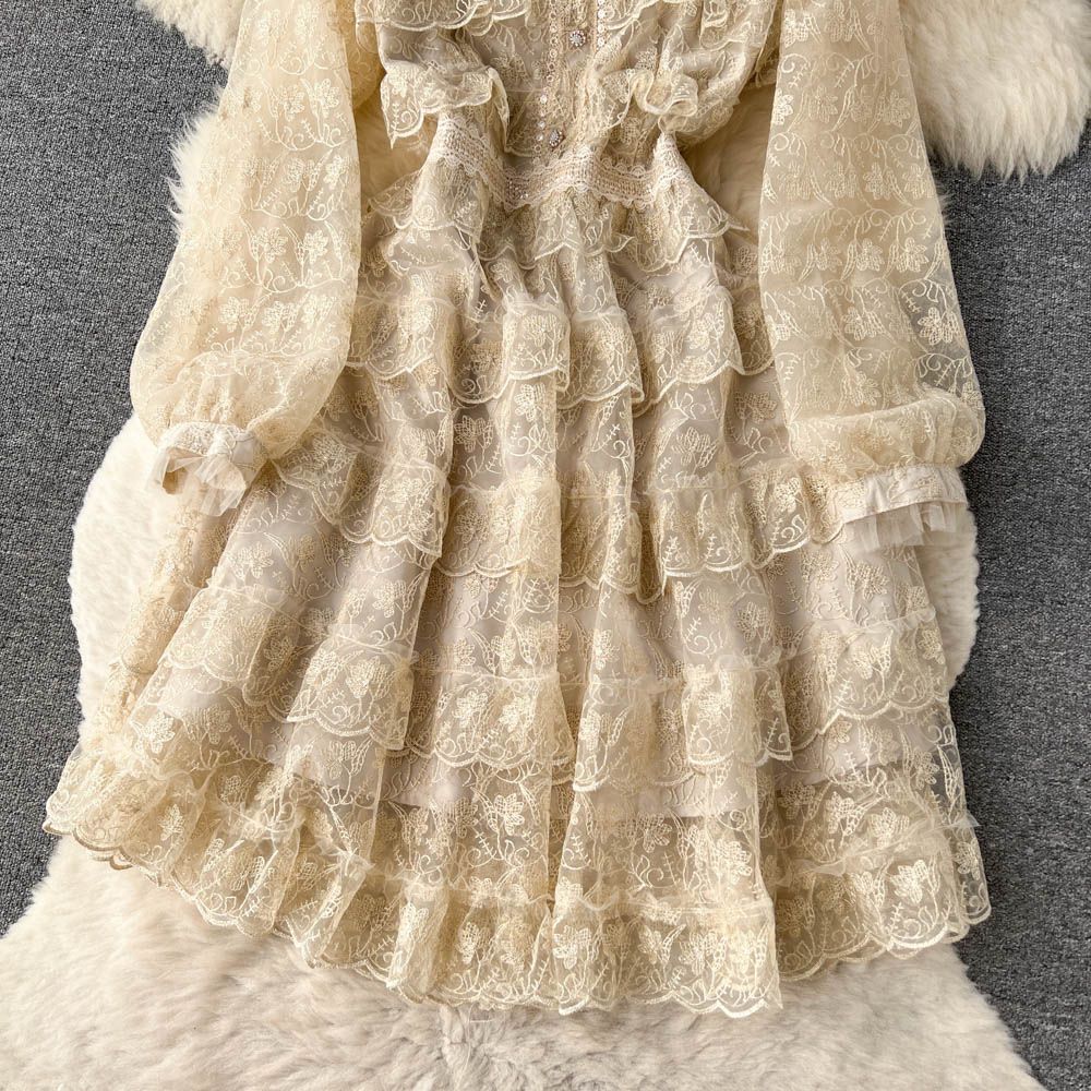 Basic Casual Dresses High Quality Gorgeous Flower Embroidery Dress Women Autumn Long Sleeve Beading Layer Cake Sweet Girls Cascading Ruffles Vestido