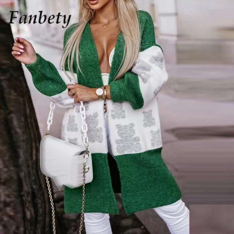 Womens Knits Tees Fashion Bear Splicing LongSleeve Knitted Sweater Women Casual Office Open Stitch Autumn Winter Jacket 230818