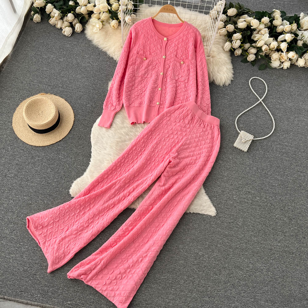Women's Two Piece Pants Autumn Winter Autumn Winter Knitted Warm Suit Fashion Metal Single Breasted Cardigan Sweater Wide Leg Tracksuits 2pcs Fem