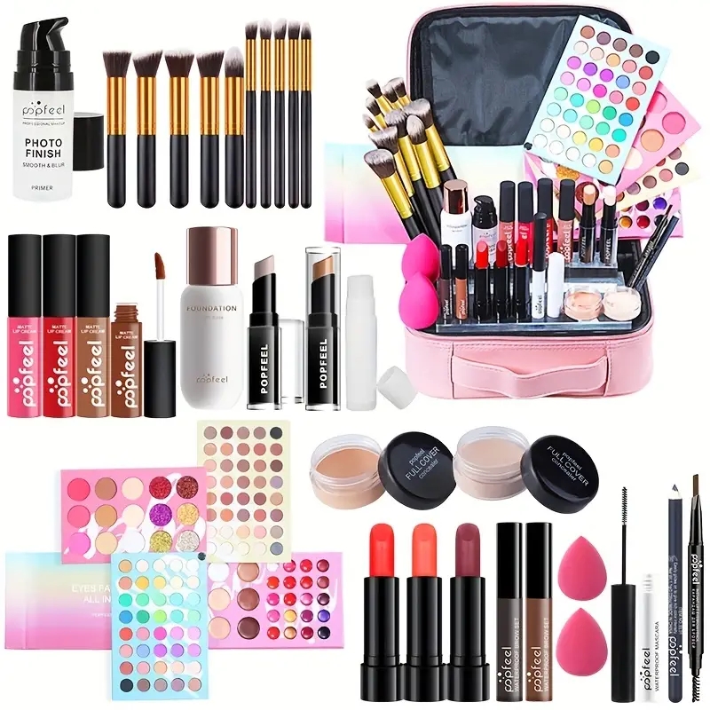 Complete Makeup Set for Beginners - Includes Eyeshadow, Lip Gloss, Foundation, Lipstick, and Concealer - Perfect for Creating a Flawless Look
