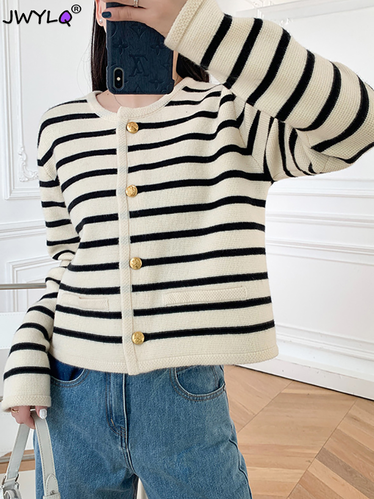 Women's Knits Tees Spring Autumn Stripes Knit Cardigan Womens Elegant Long Sleeve Single Breasted Short Coat Ladies Oneck Apricot Knitted Sweater