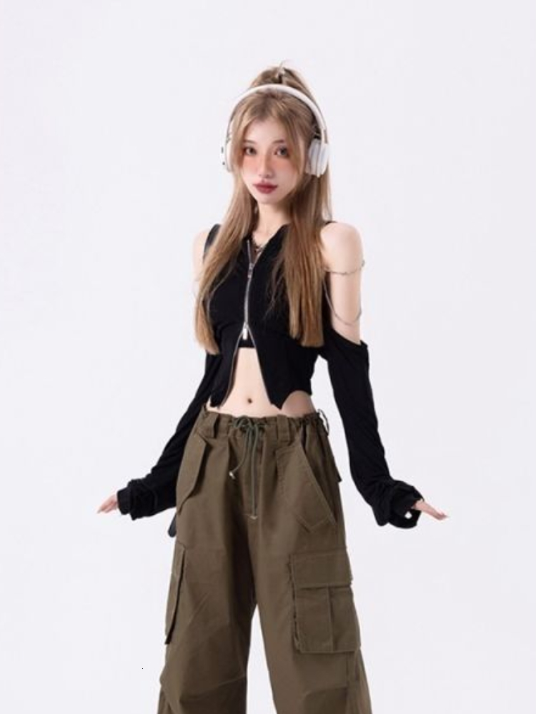 Women's Knits Tees Women Off Shoulder Chain Patch Long Sleeve Black Cardigan Crop Top Women Y2k Aesthetic Fairy Grunge Gothic Cardigans Korean Ch
