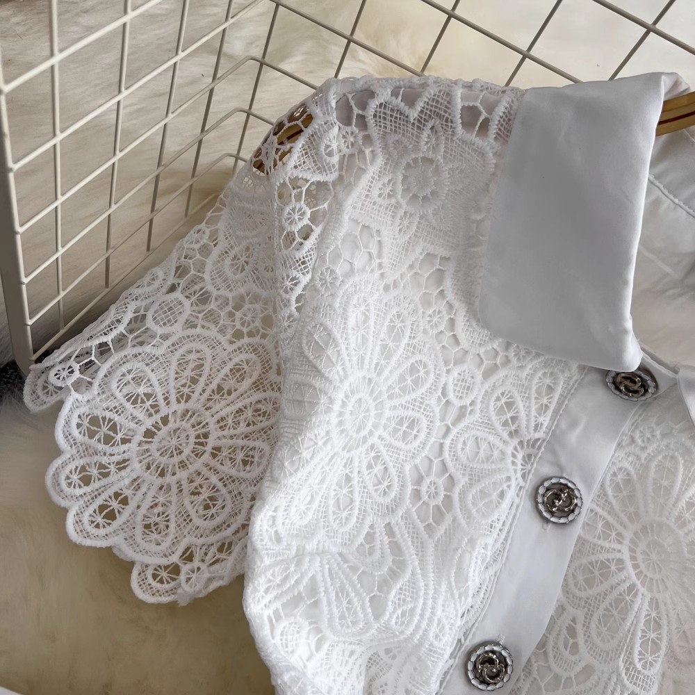 Basic Casual Dresses Summer Elegant Crochet Lace Patchwork Chiffon Pleated Dress Womens Short Sleeve Hollow Out Flower Buttons Belt Runway Vest