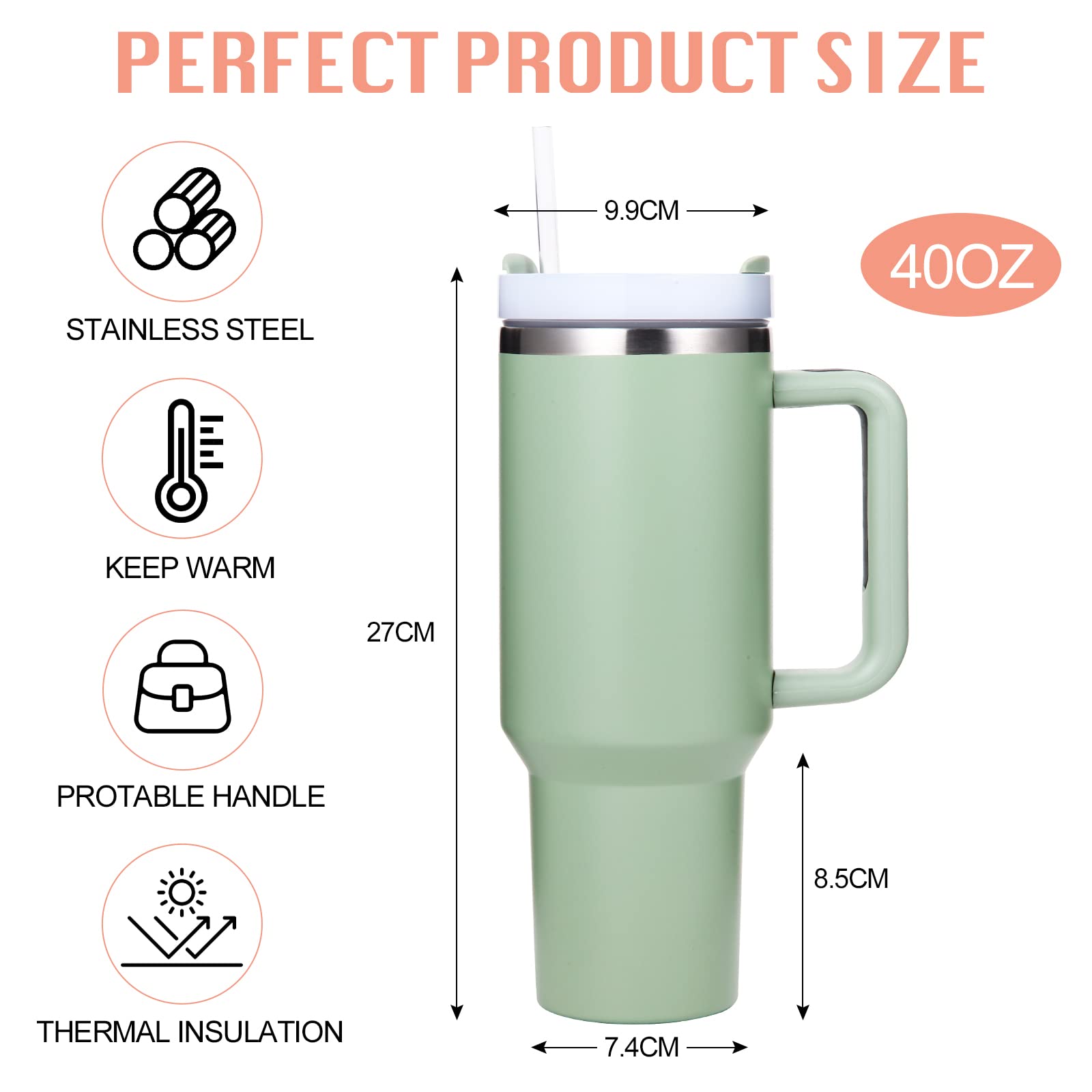 40 oz Tumbler With Handle and Straw Lid Insulated Reusable Stainless Steel Water Bottle Travel Mug Iced Coffee Cup for Car and Home and Cold Beverages