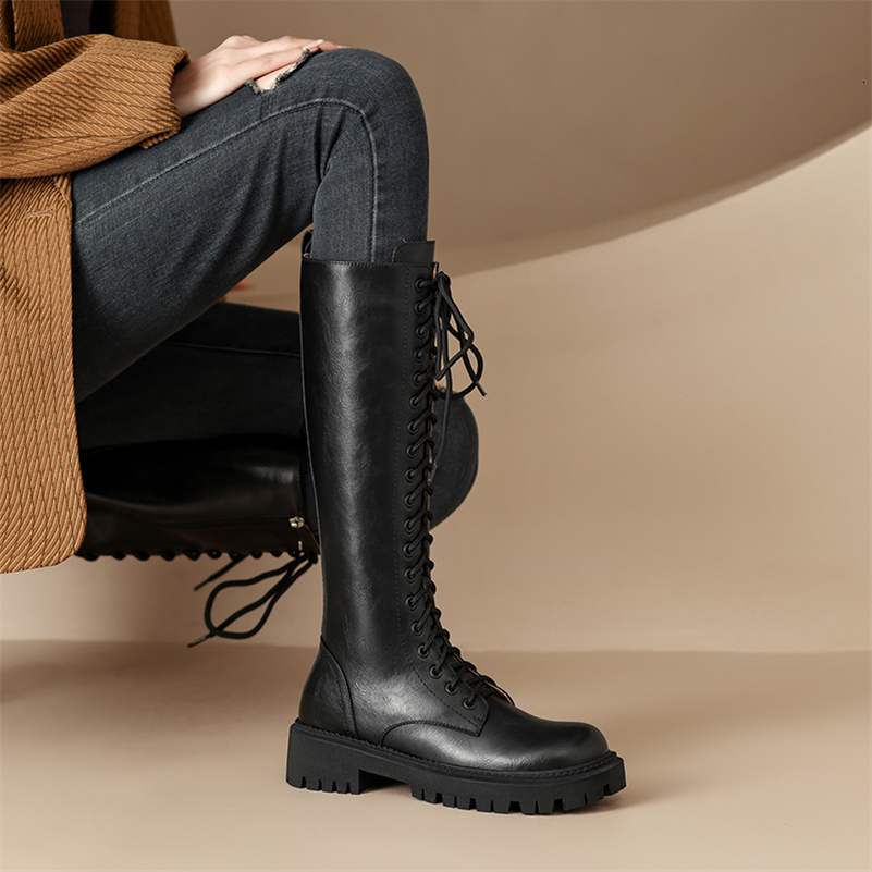 Boots Meotina Women Genuine Leather Knee High Riding Round Toe Flat Zipper Laceup Warm Ladies Long Boot Autumn Winter Shoes 43 230818 ae89