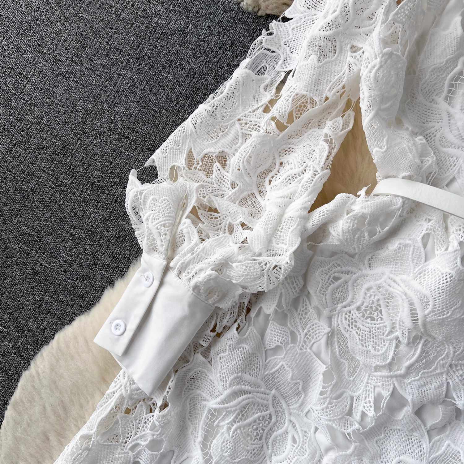 Basic Casual Dresses Summer Elegant White Water Soluble Lace Embroidery Dress Women Long Sleeve Hollow Out Single Breasted Belt Party Vestidos 2025