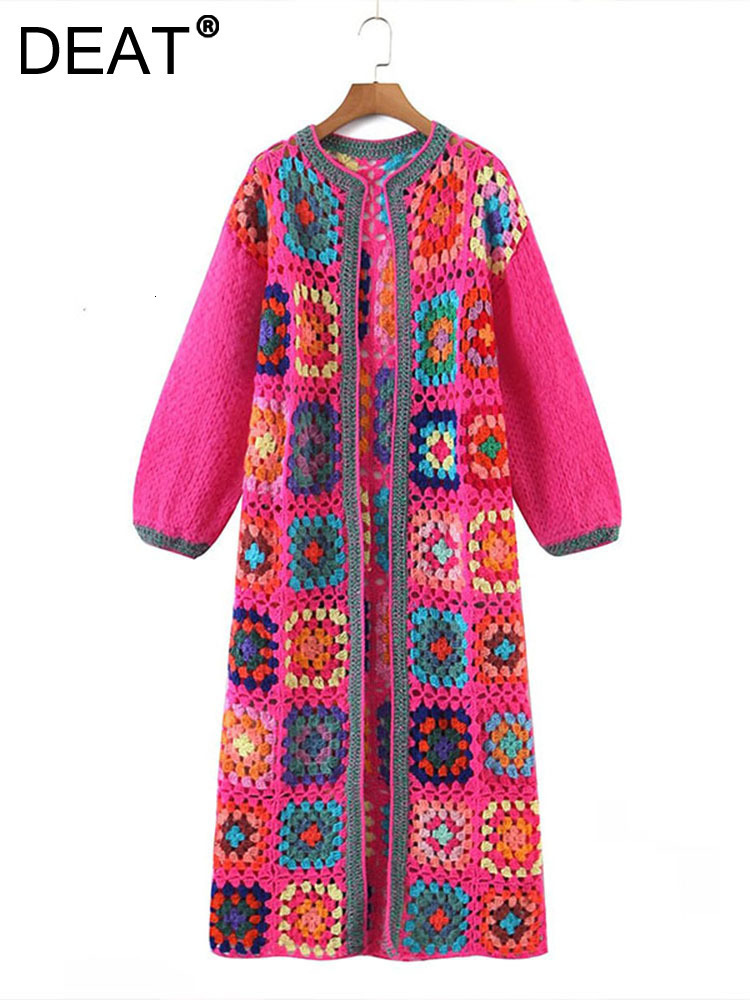 Women's Jackets DEAT Print Woman Jacket Hollow Full Sleeve Open Stitch Medium Long Round Collar Autumn 2023 Vintage Style Female 15KB3821 230817