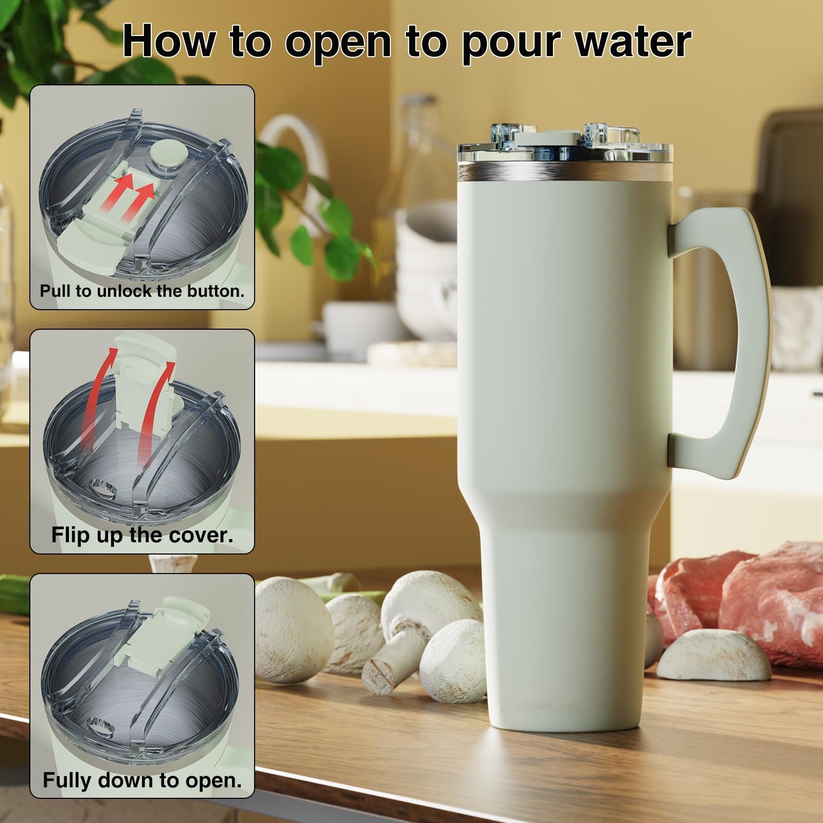 40 oz Tumbler With Handle and Straw Lid Insulated Reusable Stainless Steel Water Bottle Travel Mug Iced Coffee Cup for Car and Home and Cold Beverages