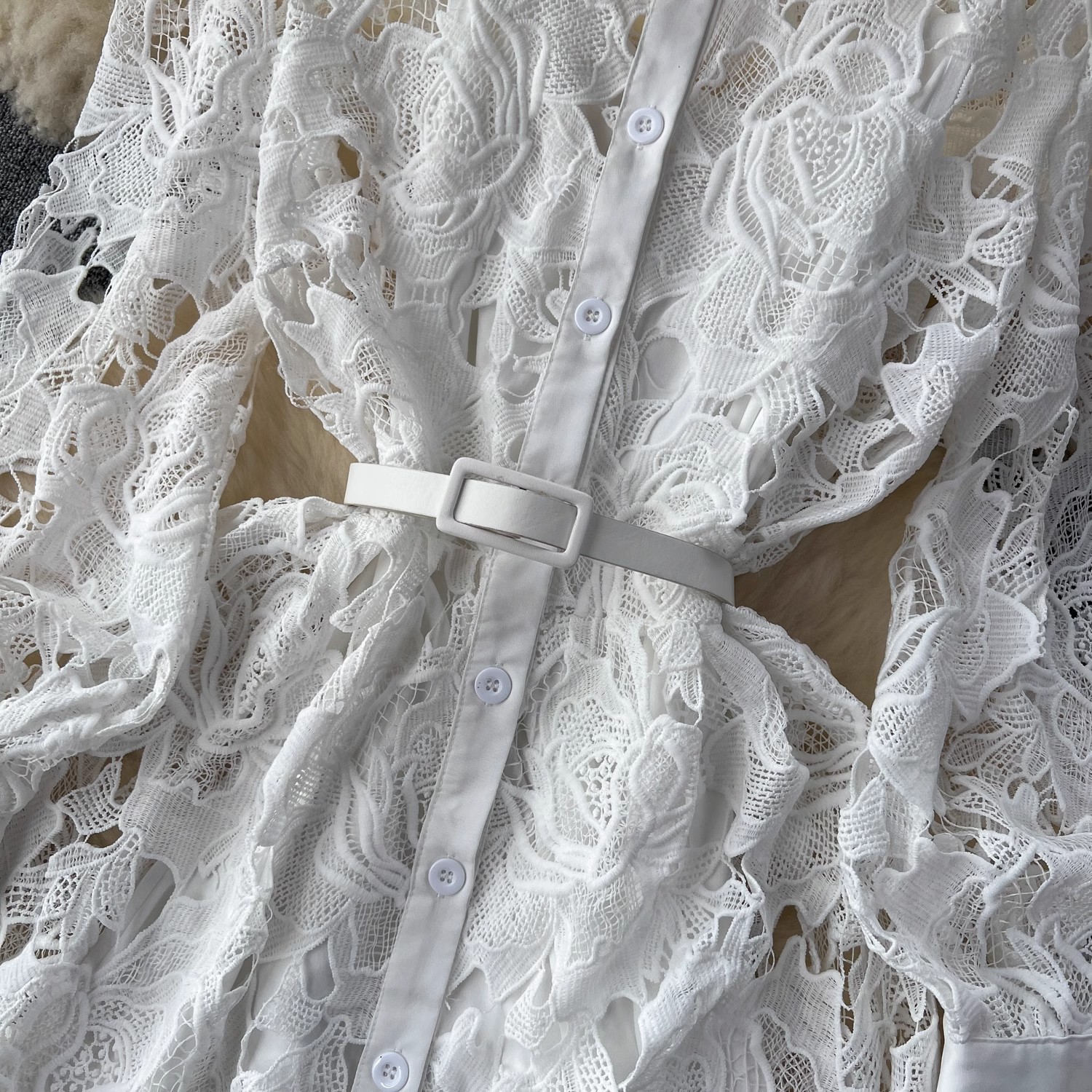 Basic Casual Dresses Summer Elegant White Water Soluble Lace Embroidery Dress Women Long Sleeve Hollow Out Single Breasted Belt Party Vestidos 2025