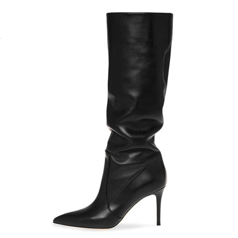 Boots 2023 Black Women Knee High Slouchy Pointed Toe Heel Party Fashion Daily Autumn Winter Shoes 230818