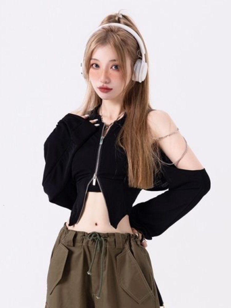 Women's Knits Tees Women Off Shoulder Chain Patch Long Sleeve Black Cardigan Crop Top Women Y2k Aesthetic Fairy Grunge Gothic Cardigans Korean Ch