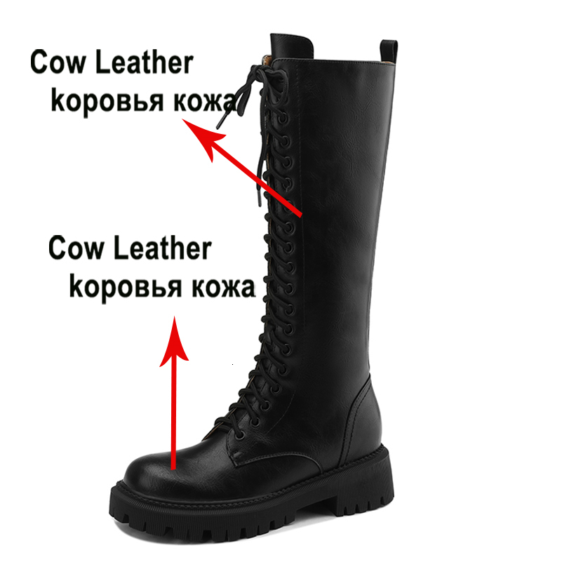 Boots Meotina Women Genuine Leather Knee High Riding Round Toe Flat Zipper Laceup Warm Ladies Long Boot Autumn Winter Shoes 43 230818 ae89