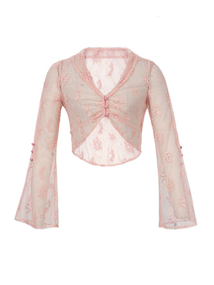 Women's Jackets Summer Long Sleeve Short Shirt For Women Elegant Clothing Lady Lace Sexy Sheer Slim Cropped Tops Mujer Outfit Wedding Street 2308