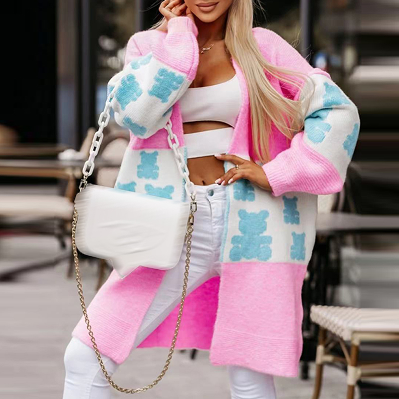 Womens Knits Tees Fashion Bear Splicing LongSleeve Knitted Sweater Women Casual Office Open Stitch Autumn Winter Jacket 230818